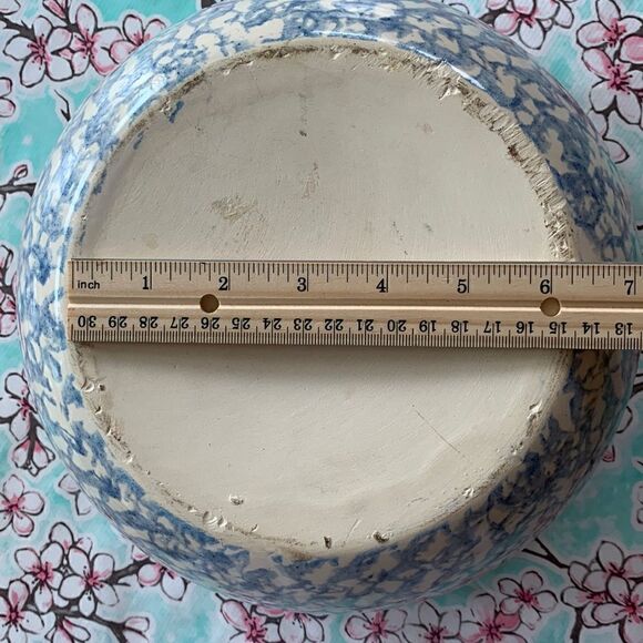 Blue Spongeware Large Mixing Bowl Pottery Floral Stencil - Picture 4 of 9
